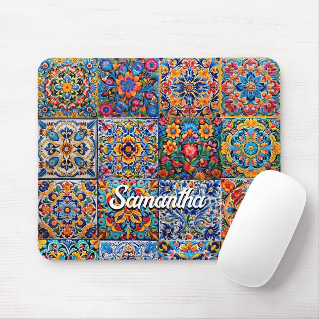 Elegant Mexican talavera red yellow tiles Mouse Mat (With Mouse)