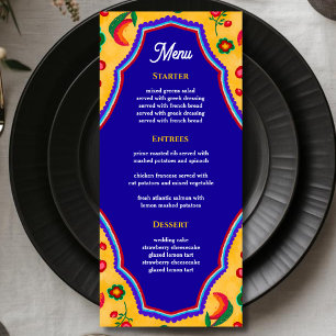 Elegant Mexican vibrant yellow blue wedding Menu