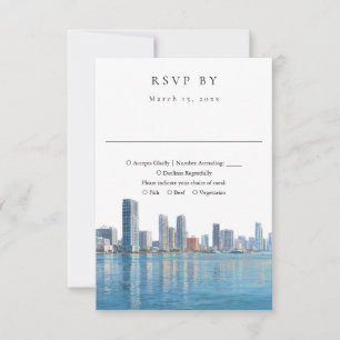 Elegant Miami Skyline Watercolor Wedding RSVP Card