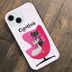 Elegant Mid Century Cats Pink Chair Pink Polka Dot iPhone 15 Case