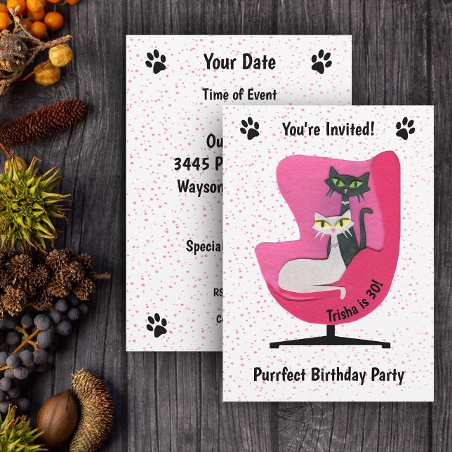 Elegant Mid Century Cats Pink Chair Polka Dots Invitation (Mid century cats in pink chair pink polka dots on white birthday party invitations.)