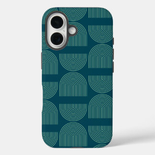 Elegant Mid Century Mod Arch Lines in Teal Blue   iPhone 16 Case