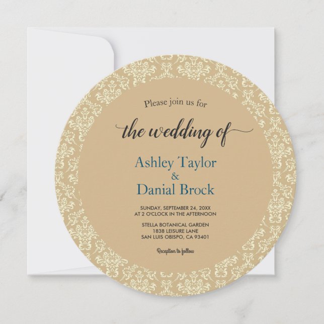 Elegant Mid Century Modern Damask Formal Wedding Invitation (Front)