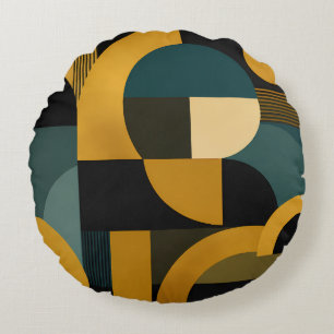 Elegant Mid-Century Modern Gold and Teal Geometric Round Cushion