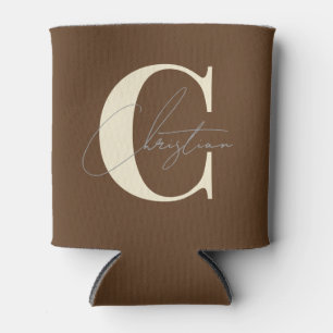 Elegant Mid-Century Modern Monogram Forest Brown Can Cooler