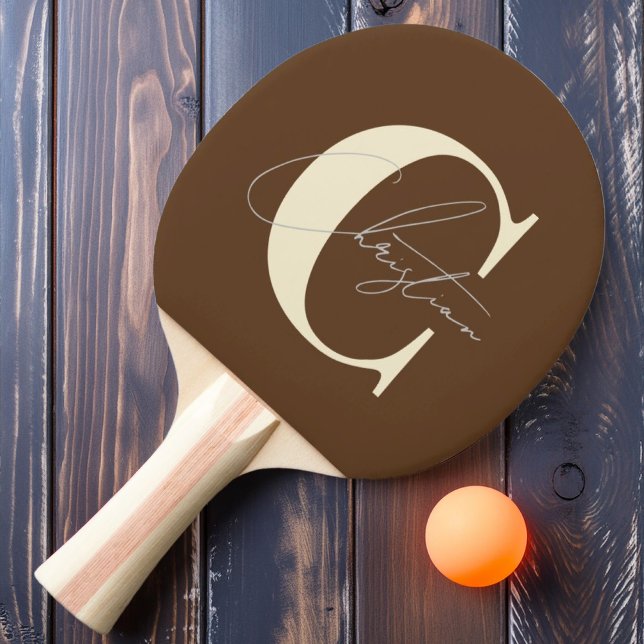 Elegant Mid-Century Monogram Deep Forest Brown Ping Pong Paddle (Creator Uploaded)