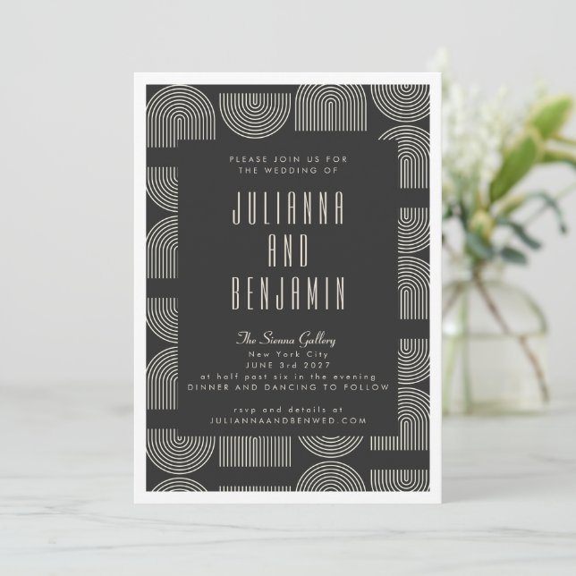Elegant Mid Mod Arch Lines Black White Wedding Invitation (Standing Front)