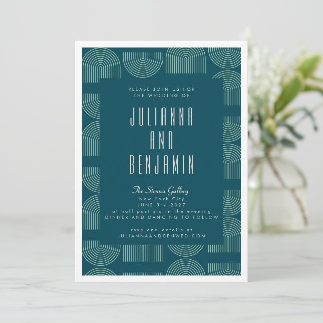Elegant Mid Mod Arch Lines Teal Blue Wedding  Invitation (Standing Front)