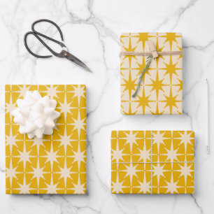 Elegant Midcentury Atomic Stars in Mustard Yellow Wrapping Paper Sheet