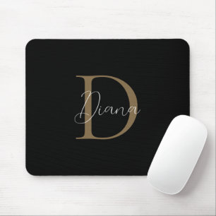 Elegant Midnight Black Mossy Gold Script Monogram Mouse Mat