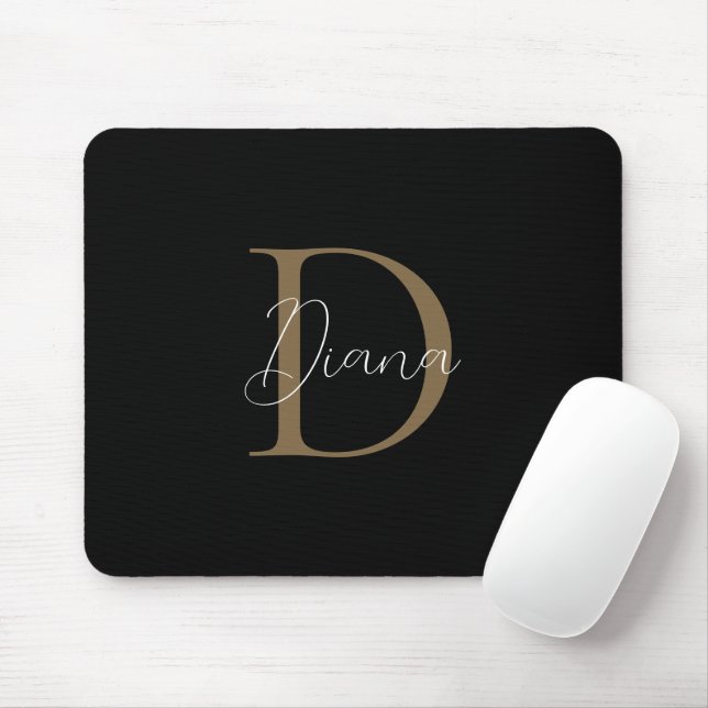 Elegant Midnight Black Mossy Gold Script Monogram Mouse Mat (With Mouse)