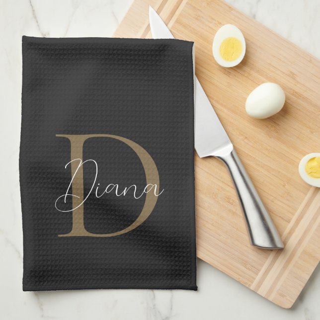 Elegant Midnight Black Mossy Gold Script Monogram Tea Towel (Quarter Fold)