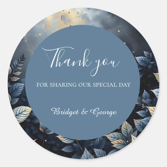 Elegant Midnight Blue and Gold Forest Wedding Classic Round Sticker (Front)
