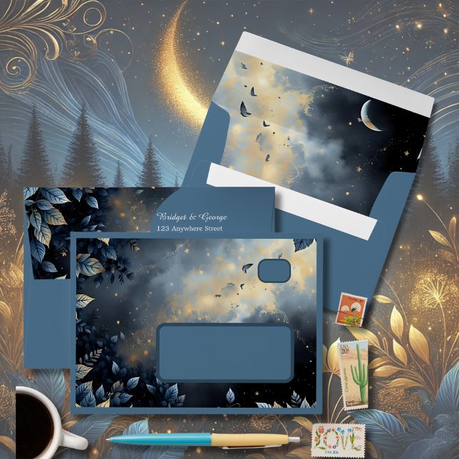 Elegant Midnight Blue and Gold Forest Wedding Envelope (Creator Uploaded)