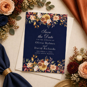 Elegant Midnight Blue Burnt Orange Floral Save The Date