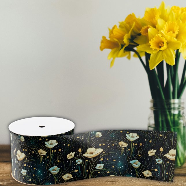 Elegant Midnight Blue Celestial Floral  Grosgrain Ribbon (Creator Uploaded)