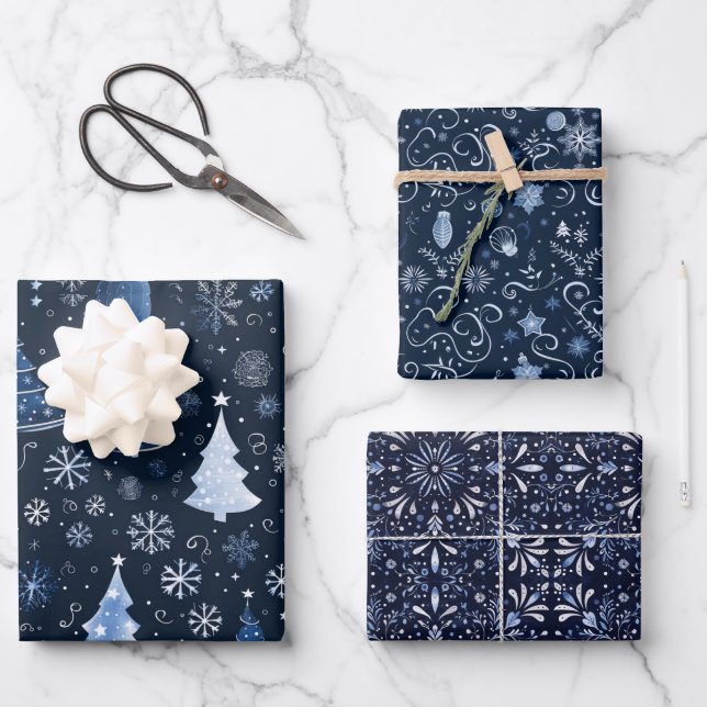 Elegant Midnight Blue Christmas Images Wrapping Paper Sheet (Front)