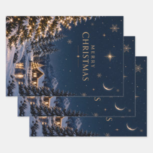 Elegant Midnight Blue Christmas Snowy Pines style Wrapping Paper Sheet
