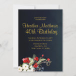 Elegant Midnight Blue Gold Floral 40th Birthday Invitation<br><div class="desc">Delicate, sophisticated and full of elegance 40th birthday party invitation with a beautiful floral arrangement at the bottom featuring gorgeous red and white flowers; complimented with exquisite dusty blue and green botanicals . Elegant gold customisable typography for the birthday party invitation details on a midnight blue gradient for background. Back...</div>