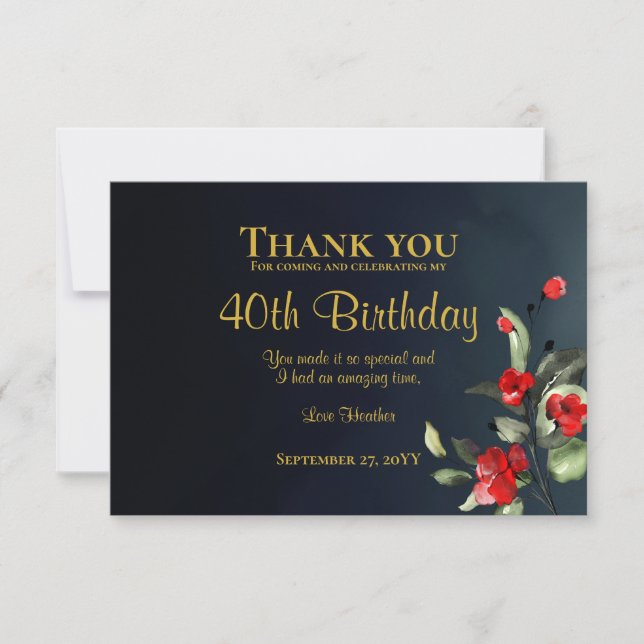 Elegant Midnight Blue Gold Floral 40th Birthday Thank You Card (Front)