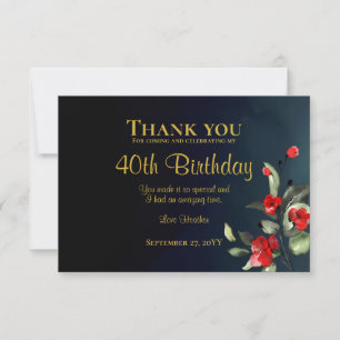 Elegant Midnight Blue Gold Floral 40th Birthday Thank You Card