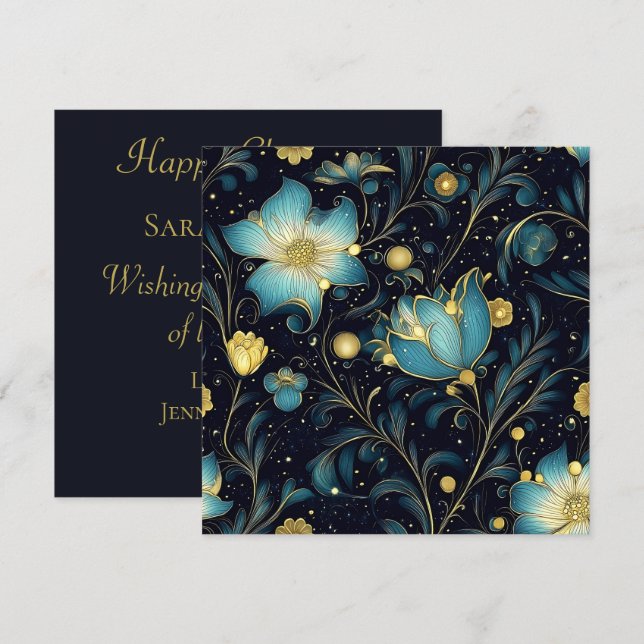  Elegant Midnight Blue & Gold Floral Christmas  Holiday Card (Front/Back)