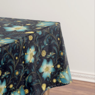 Elegant Midnight Blue & Gold Floral Christmas  Tablecloth