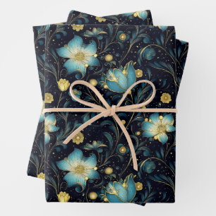 Elegant Midnight Blue & Gold Floral Christmas Wrapping Paper Sheet