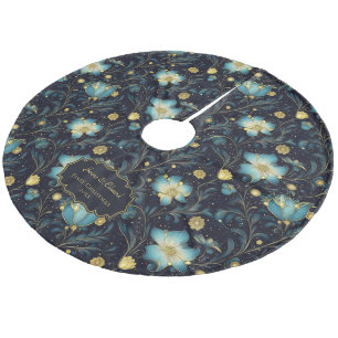 Elegant Midnight Blue & Gold Floral Personalised Fleece Tree Skirt