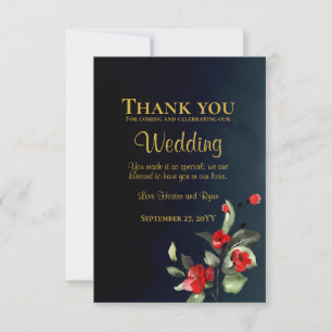 Elegant Midnight Blue Gold Red Floral Wedding  Thank You Card