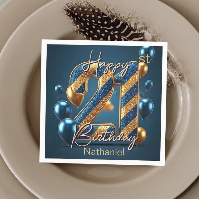 Elegant Midnight Blue & Gold Striped 21st Birthday Napkin (Creator Uploaded)