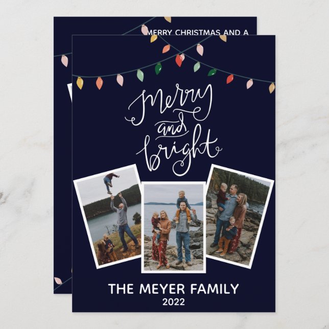 Elegant Midnight Blue Merry and Bright Lights Holiday Card (Front/Back)