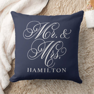 Elegant Midnight Blue Mr and Mrs Wedding Cushion