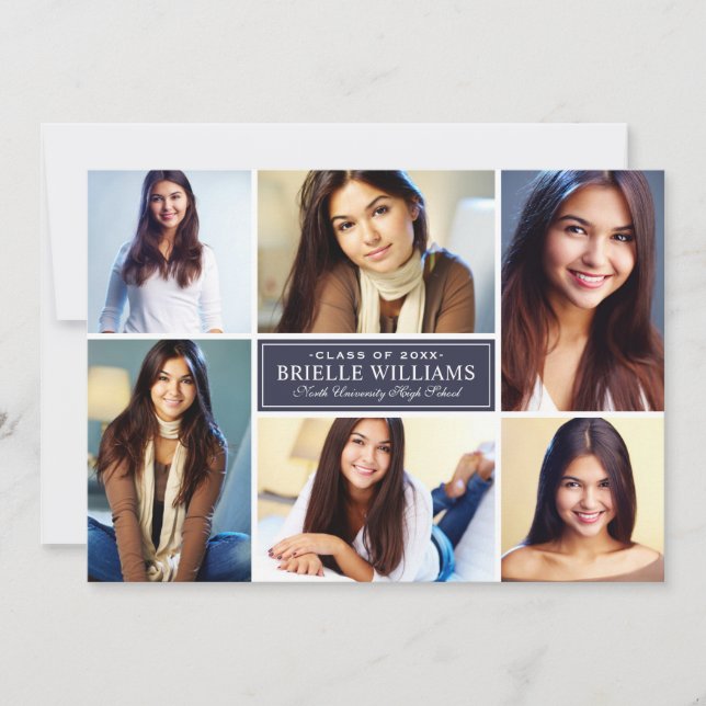 Elegant Midnight Blue Photo Collage Graduation Invitation (Front)