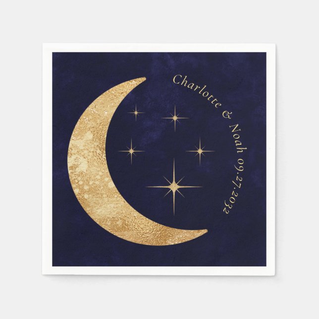 Elegant Midnight Celestial Gold Moon Stars Wedding Napkin (Front)