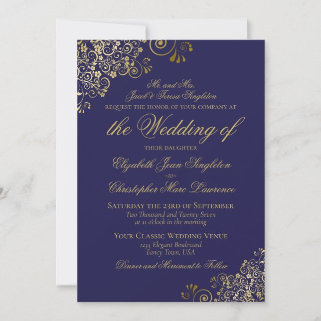 Elegant Midnight Navy Blue & Gold Formal Wedding Invitation (Front)