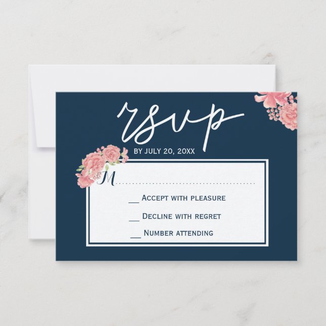 Elegant midnight navy pink peonies wedding RSVP (Front)