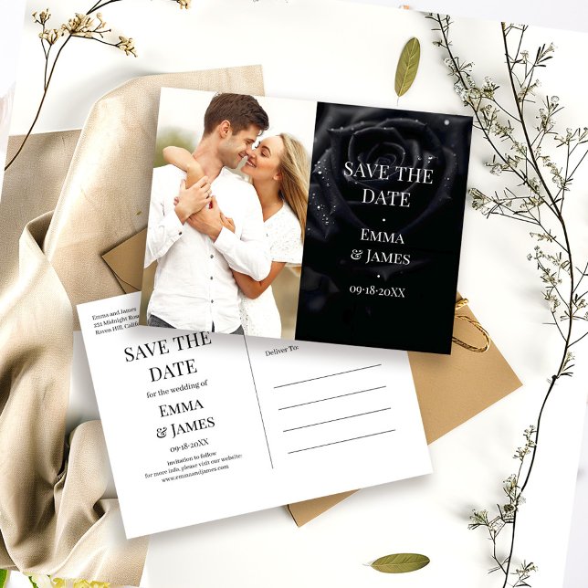 Elegant Midnight Rose Wedding Photo Save the Date Announcement Postcard (Creator Uploaded)