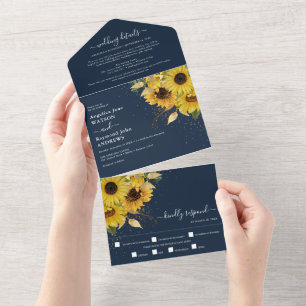 Elegant Midnight Sunflower Navy Wedding All In One Invitation