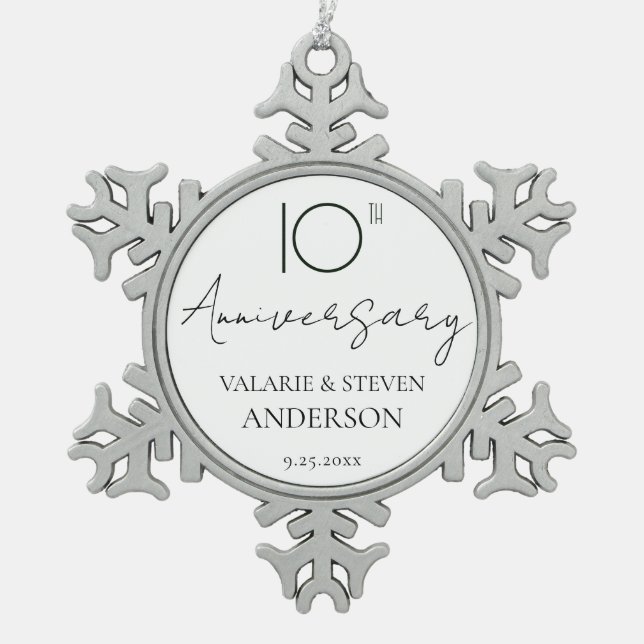 Elegant Minimal 10th Anniversary Wedding  Ceramic Snowflake Pewter Christmas Ornament (Front)