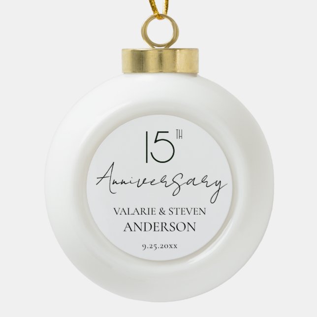 Elegant Minimal 15th Anniversary Wedding  Ceramic Ceramic Ball Christmas Ornament (Front)