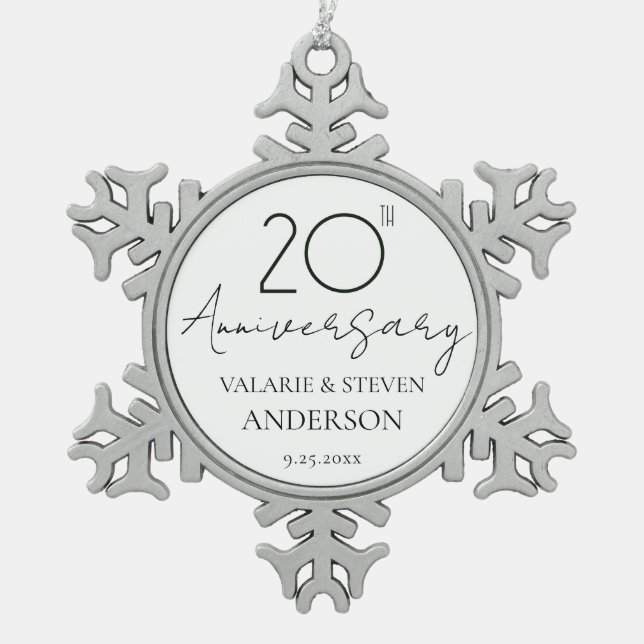 Elegant Minimal 20th Anniversary Wedding  Ceramic Snowflake Pewter Christmas Ornament (Front)