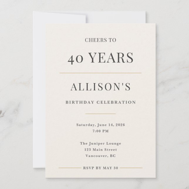 Elegant Minimal 40th Birthday Celebration Invitation (Front)