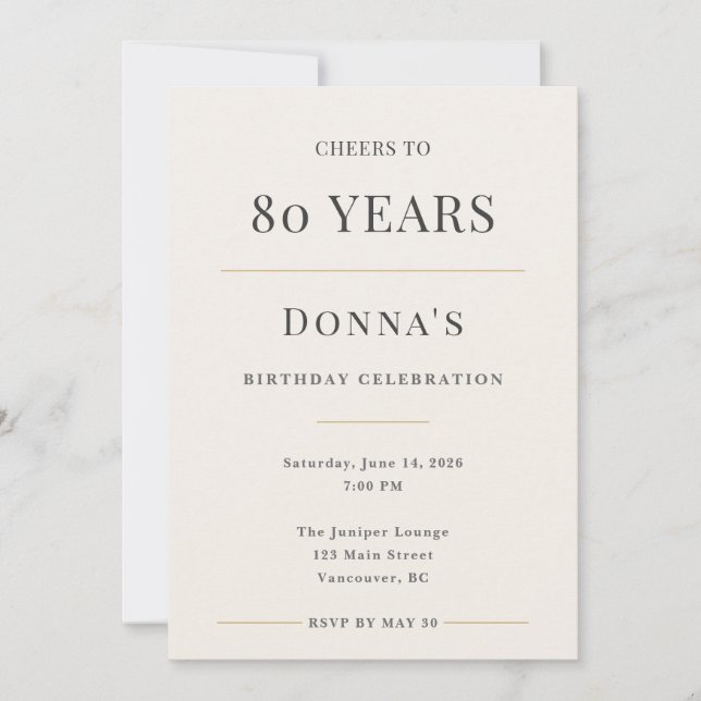 Elegant Minimal 80th Birthday Celebration Invitation (Front)