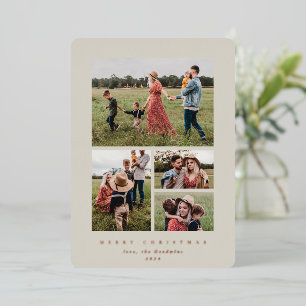 Elegant Minimal Beige Frame 4 Photo Foil Holiday Card