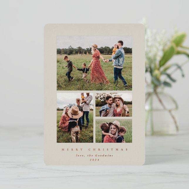 Elegant Minimal Beige Frame 4 Photo Foil Holiday Card (Standing Front)