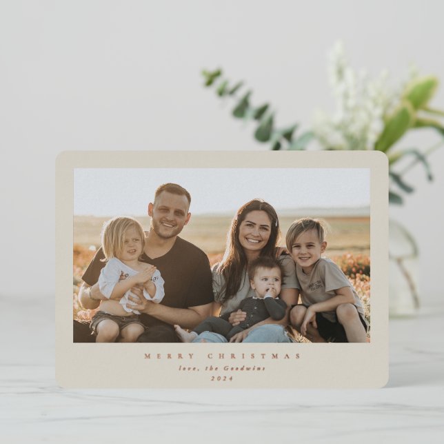 Elegant Minimal Beige Frame Single Photo Foil Holiday Card (Standing Front)