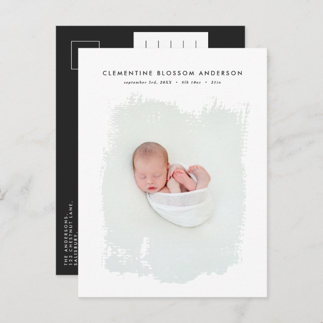Elegant minimal black and white photo birth announcement postcard (Front/Back)