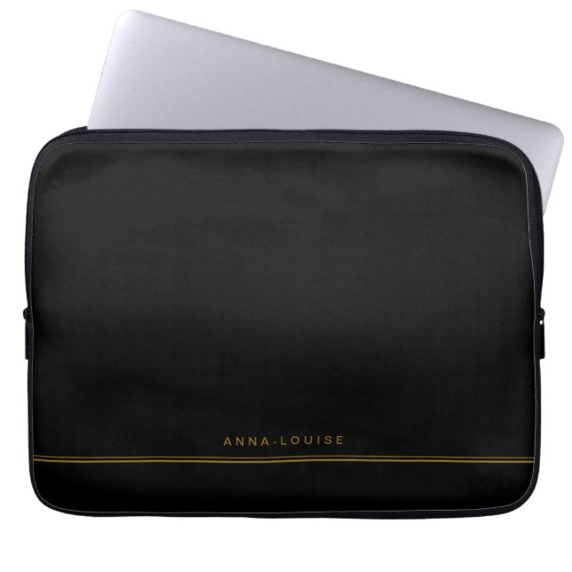 Elegant Minimal Black Gold Line Name  Laptop Sleeve (Front)