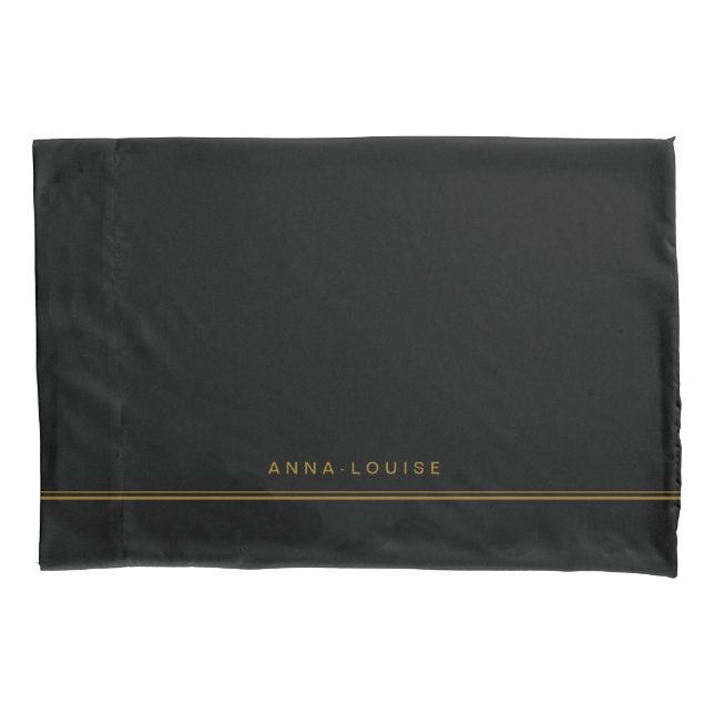 Elegant Minimal Black Gold Line Name Pillowcase (Front)